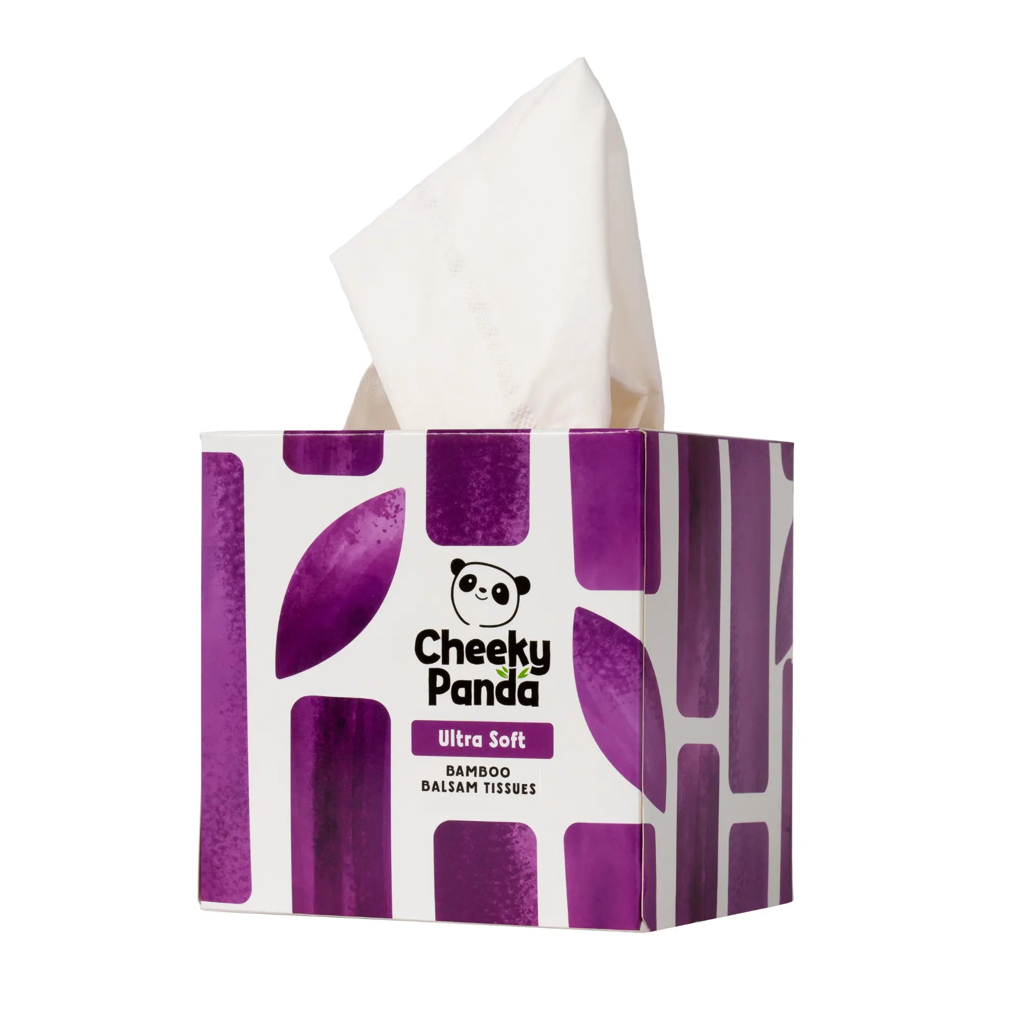 Cheeky Panda Ultra Soft Bamboo Balm Tissues box with a single tissue emerging from the top.