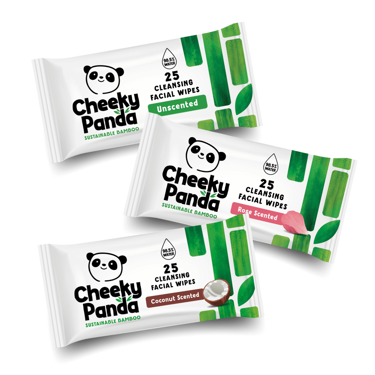 Three packages of Cheeky Panda cleansing facial wipes on a black background