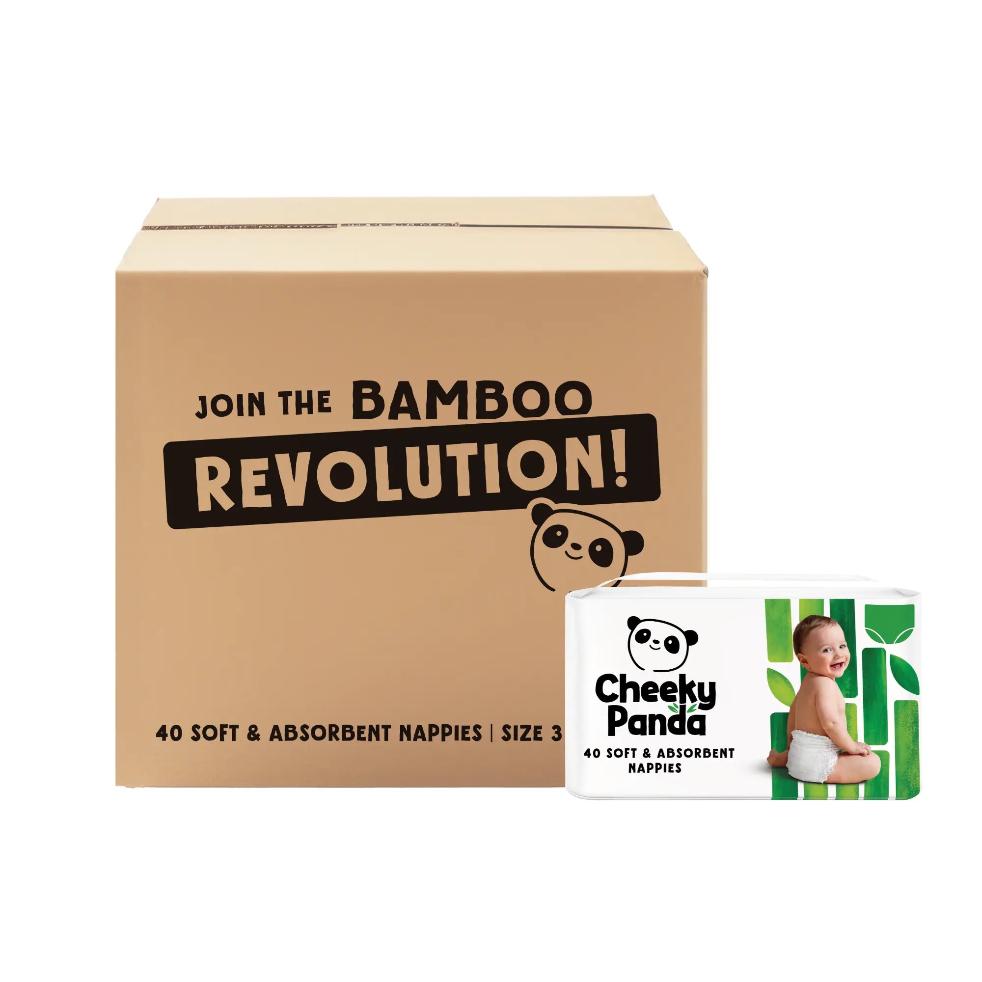 A cardboard box of Cheeky Panda nappies next to a single packet of nappies.