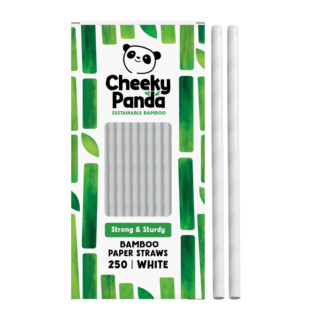 Packaging of Cheeky Panda bamboo paper straws with two straws displayed on a black background.