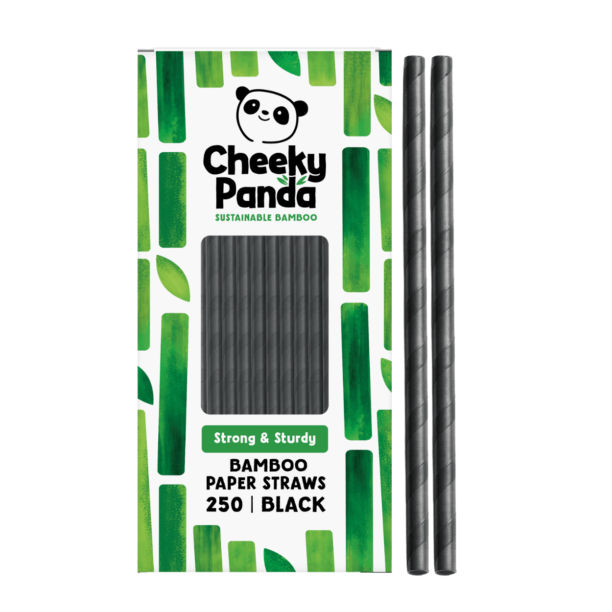 Cheeky Panda black bamboo paper straws with packaging on a white background
