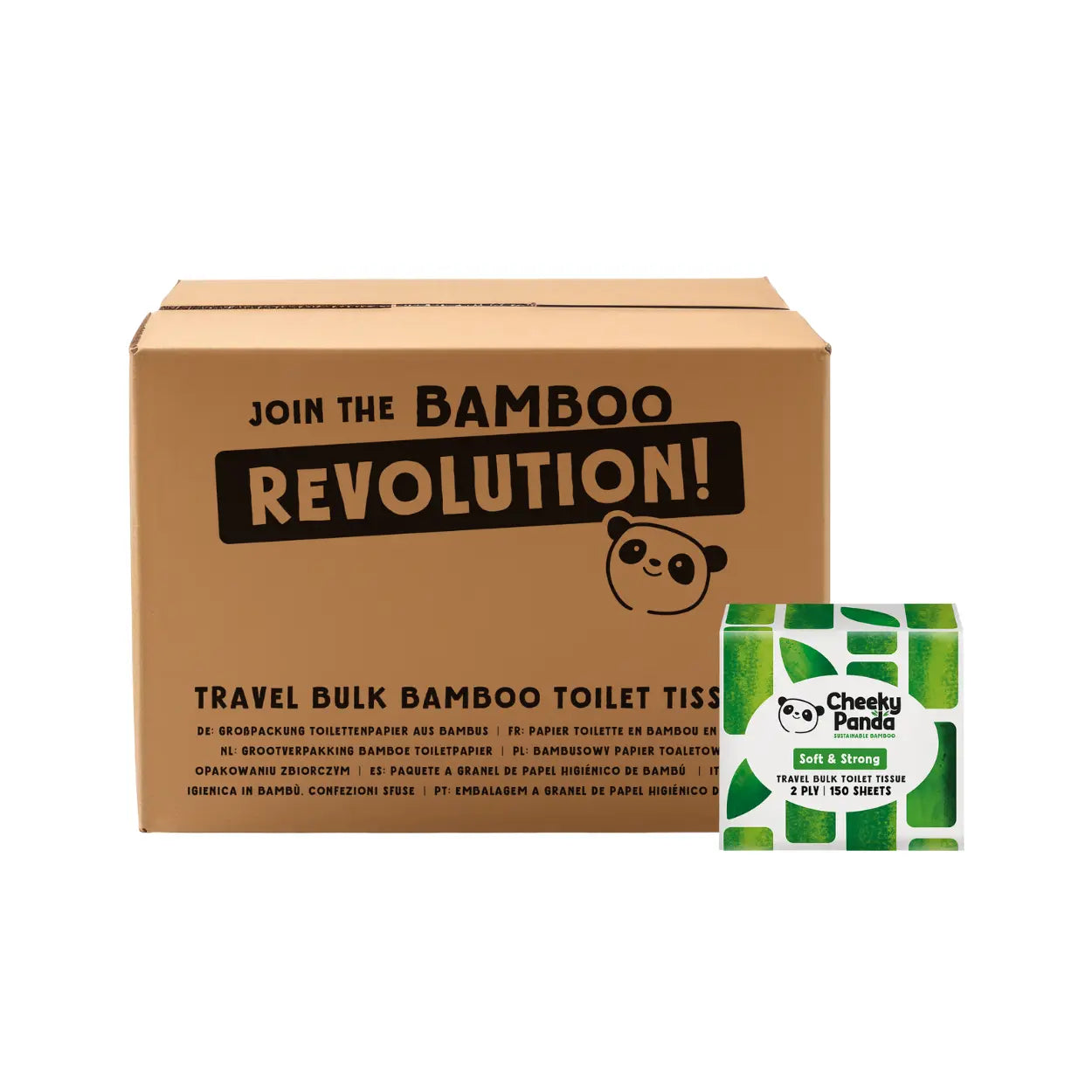 Cheeky Panda travel bulk bamboo toilet tissue packaging next to a cardboard box.