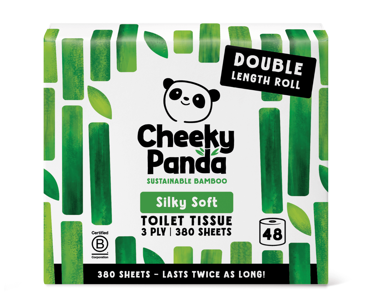 Cheeky Panda sustainable bamboo toilet paper packaging with green bamboo leaf design on a white background.