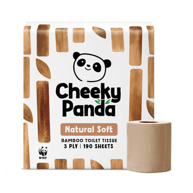 A single pack of Cheeky Panda Natural Soft bamboo toilet tissue with one roll standing upright beside it.