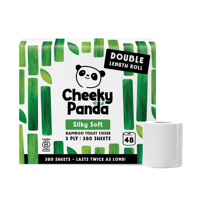 A single pack of Cheeky Panda Silky Soft bamboo toilet tissue, 48 double length rolls, with one roll standing beside it.