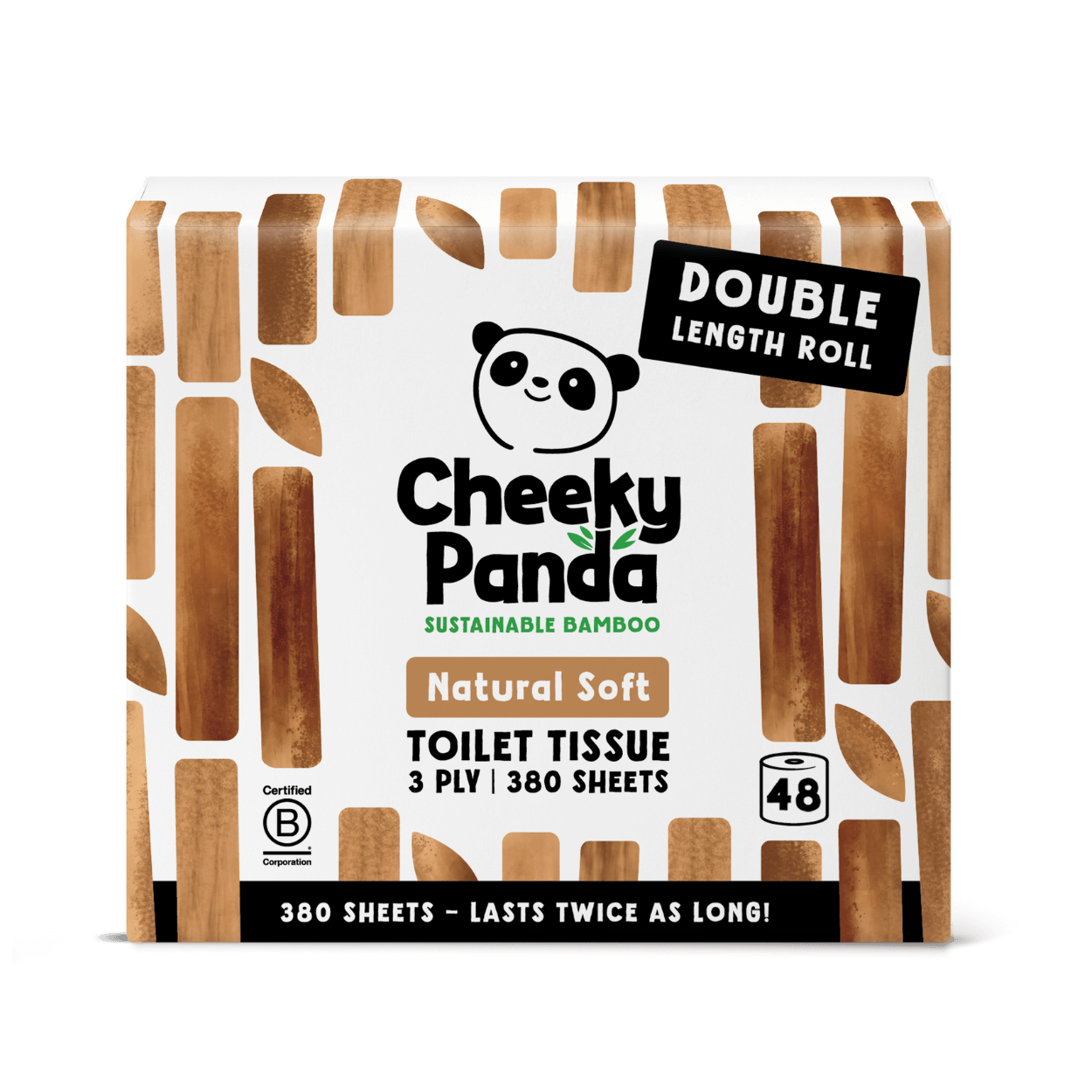Cheeky Panda toilet paper packaging with bamboo design on a white background