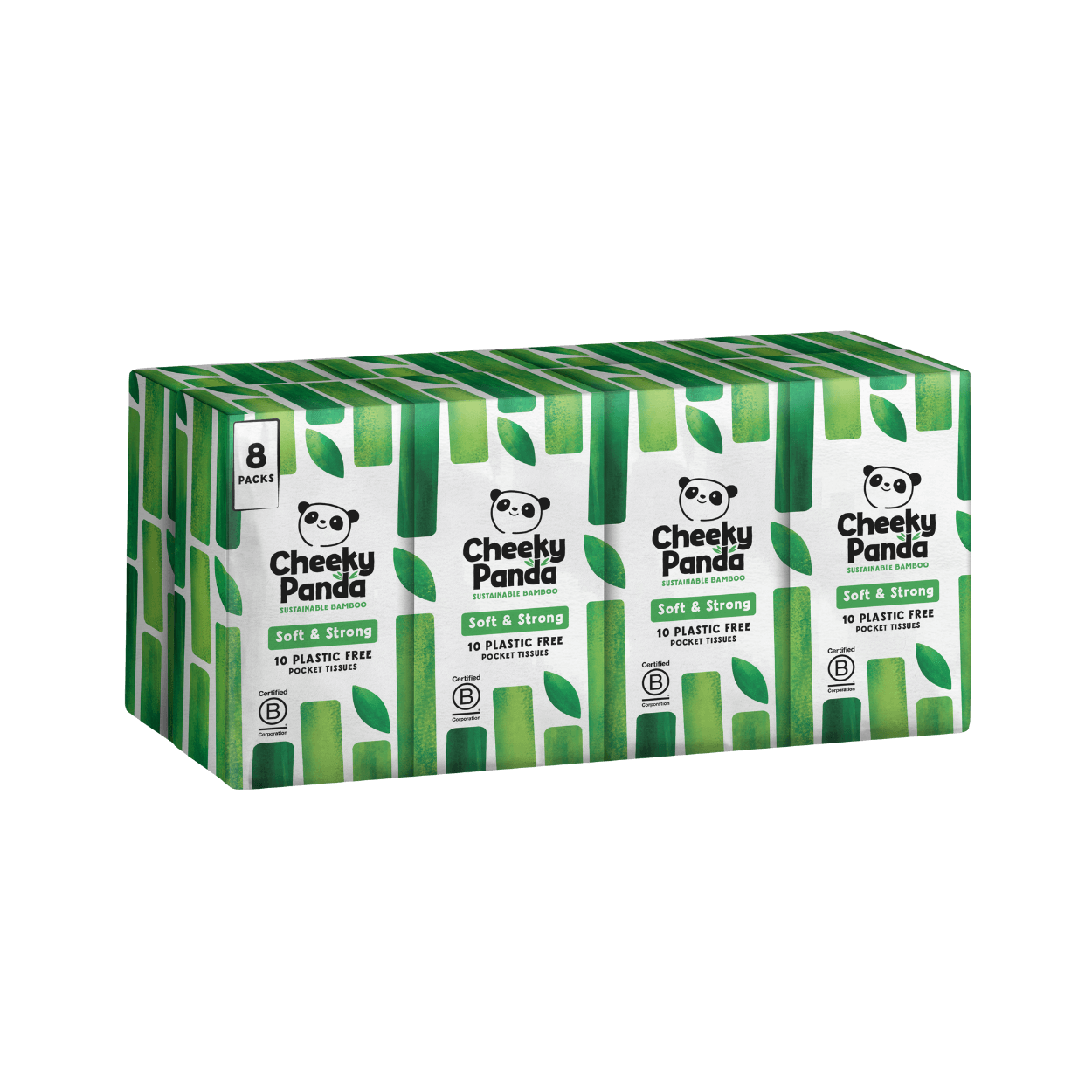 Box of Cheeky Panda pocket tissues with green and white design