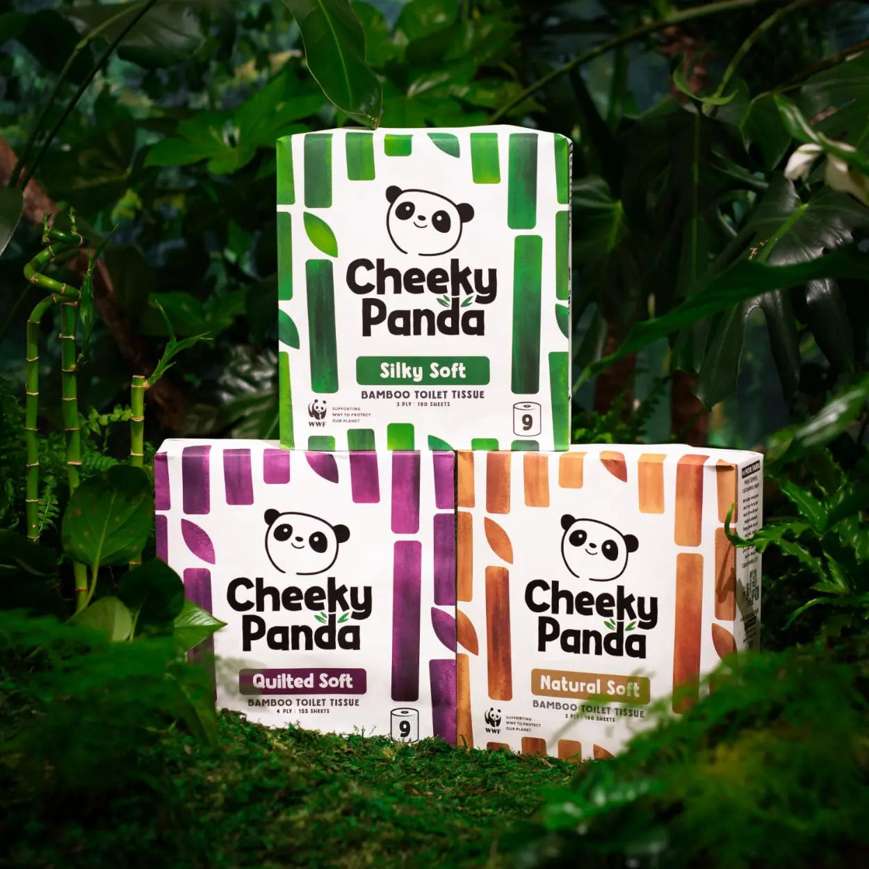 Three boxes of Cheeky Panda bamboo toilet tissue arranged in a forest-like setting with green foliage. The top box is white with green bamboo stripes and reads 'Silky Soft'; the middle box is white with purple stripes and reads 'Quilted Soft'; the right box is white with orange stripes and reads 'Natural Soft'.
