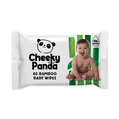 A packet of Cheeky Panda 60 Bamboo Baby Wipes with a smiling baby on the front.