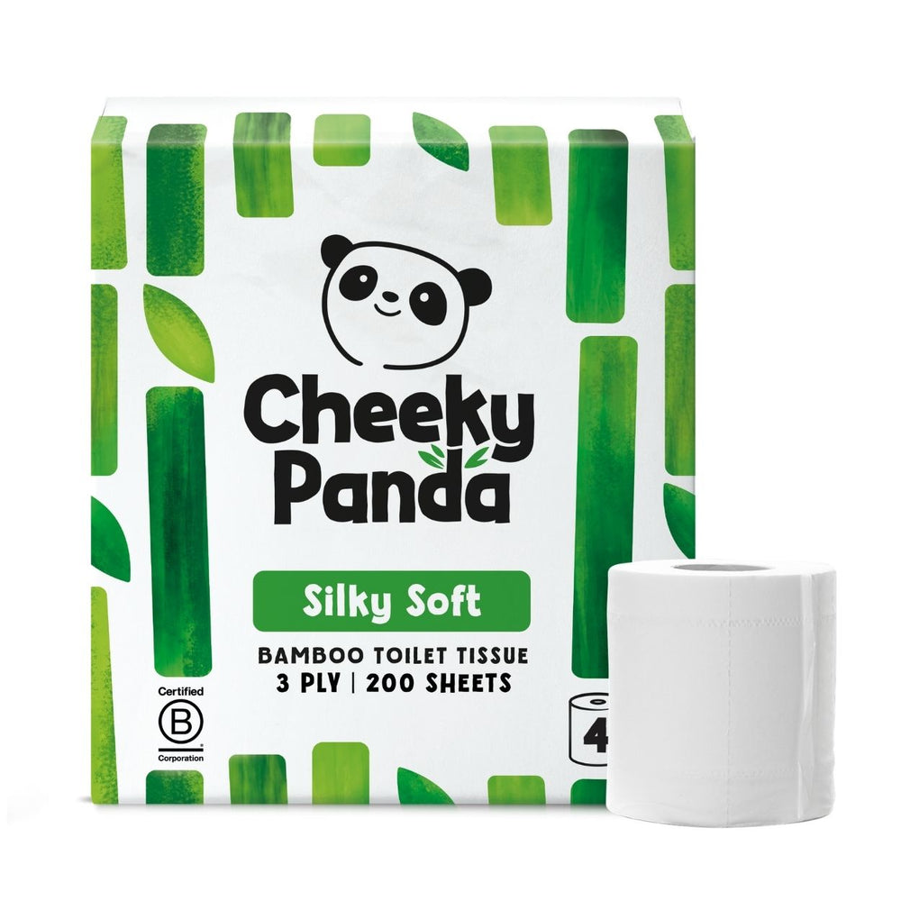 Cheeky Panda Silky Soft bamboo toilet tissue, 3-ply, 200 sheets, with one roll visible.