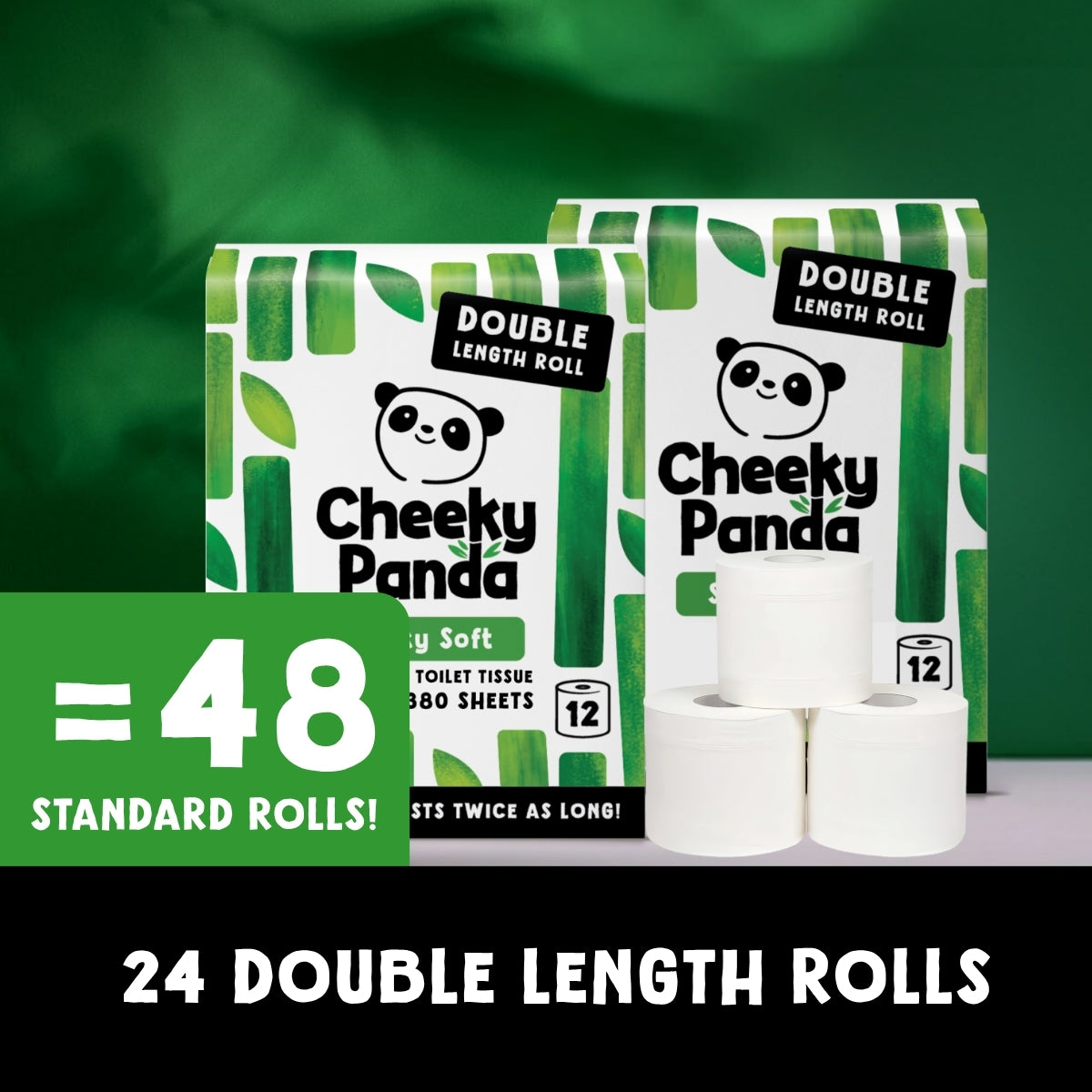 Two boxes of Cheeky Panda Double Length Toilet Tissue Rolls with several white toilet paper rolls displayed in front, set against a dark green background with promotional text indicating 48 standard rolls.