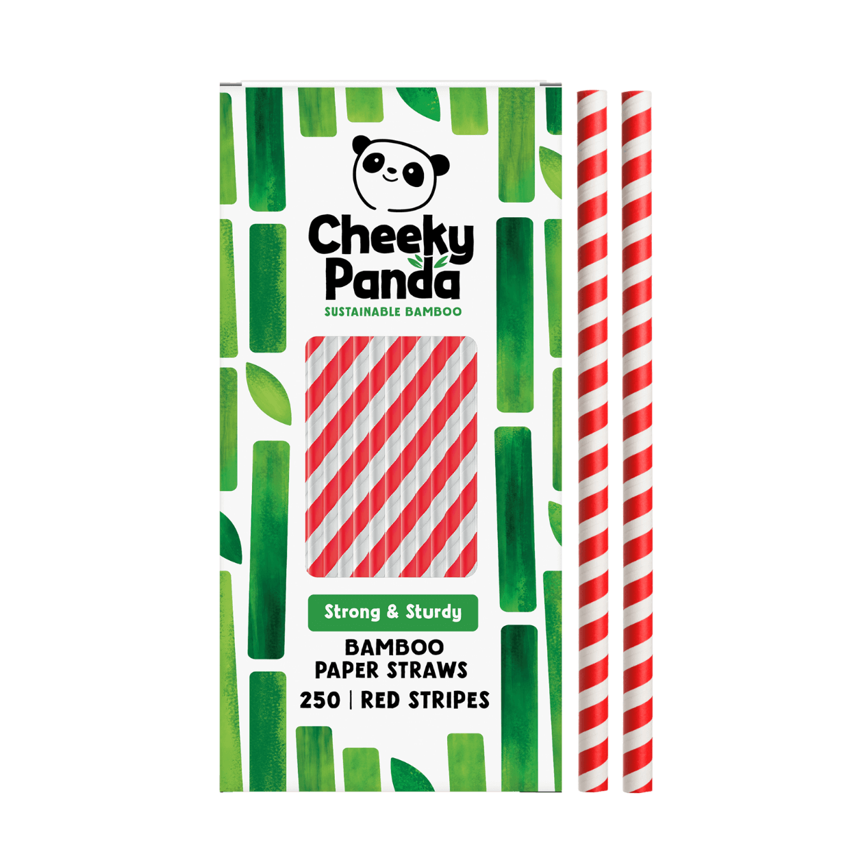Pack of red striped Cheeky Panda bamboo paper straws with green and red design