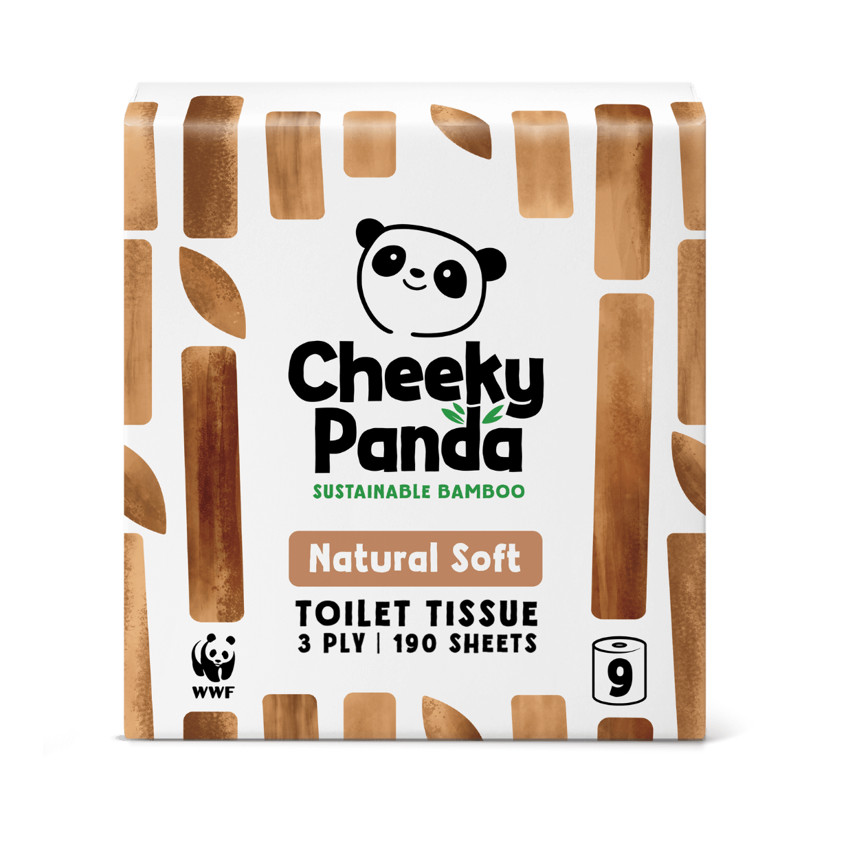 Cheeky Panda unbleached sustainable bamboo toilet paper packaging on a black background
