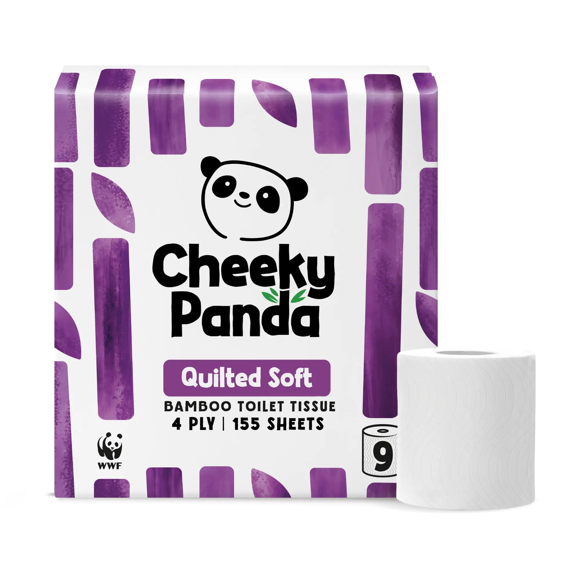 Cheeky Panda Quilted Soft bamboo toilet tissue 9-roll pack with one roll standing upright.