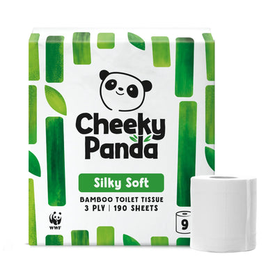 Cheeky Panda Silky Soft bamboo toilet tissue 9-roll pack with one roll standing upright.