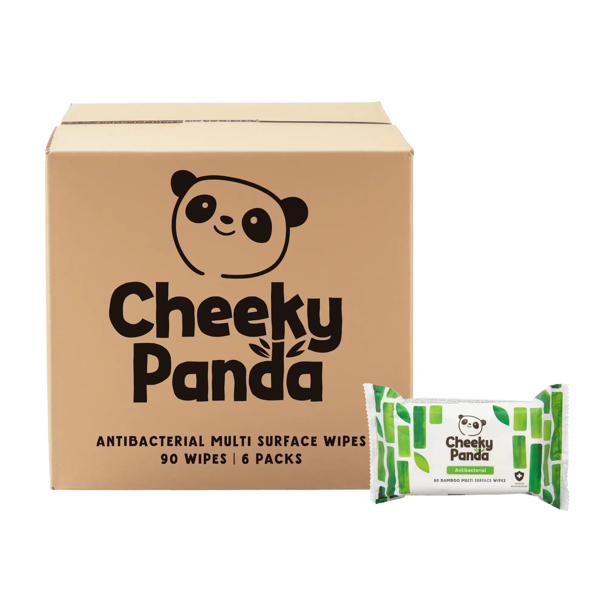 A cardboard box containing six packs of Cheeky Panda antibacterial multi-surface wipes.