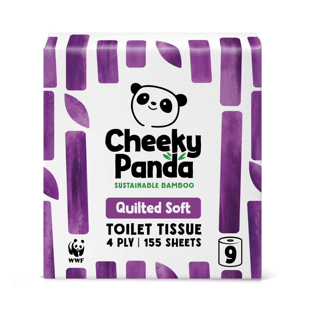 Pack of Cheeky Panda quilted toilet paper with purple and white design