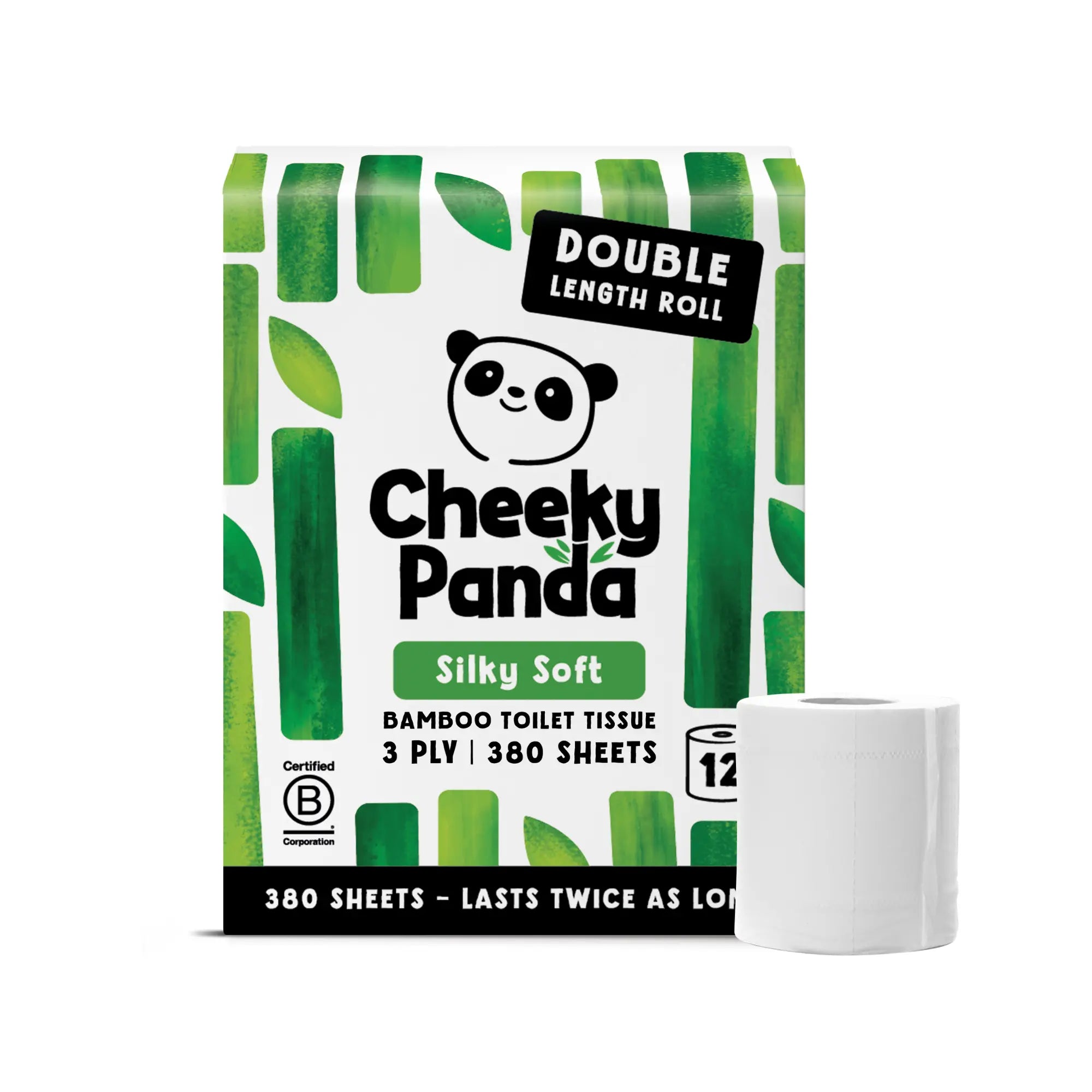 A single pack of Cheeky Panda Silky Soft bamboo toilet tissue, 12 double length rolls, with one roll standing beside it.