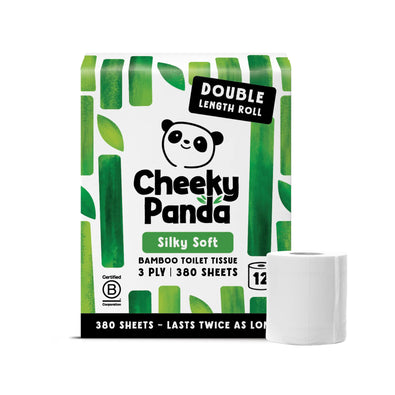 A single pack of Cheeky Panda Silky Soft bamboo toilet tissue, 12 double length rolls, with one roll standing beside it.
