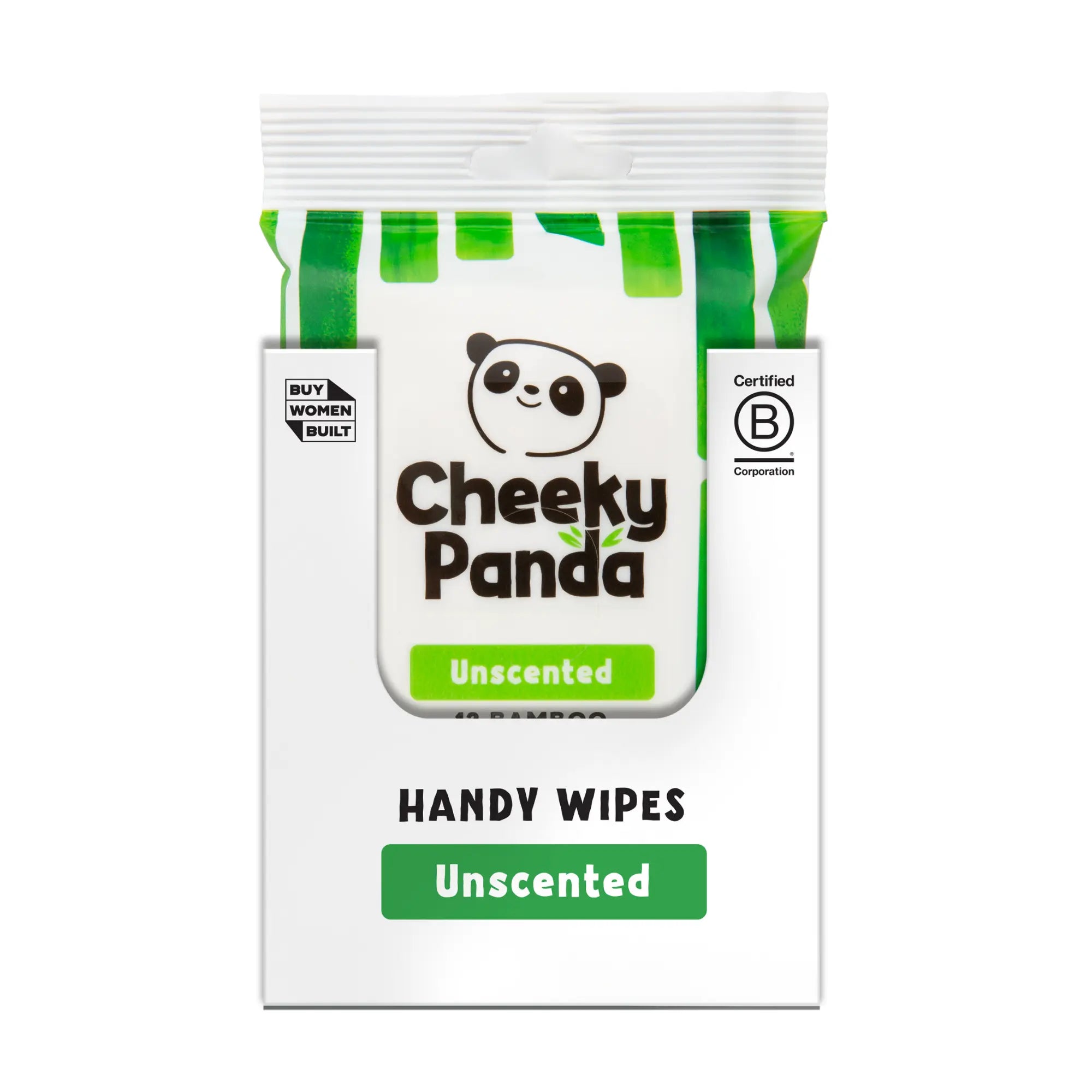 Cheeky Panda Unscented Handy Wipes display box with a pack of wipes inside.