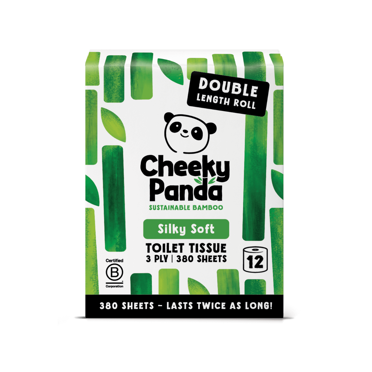 Cheeky Panda sustainable bamboo toilet paper packaging on a black background