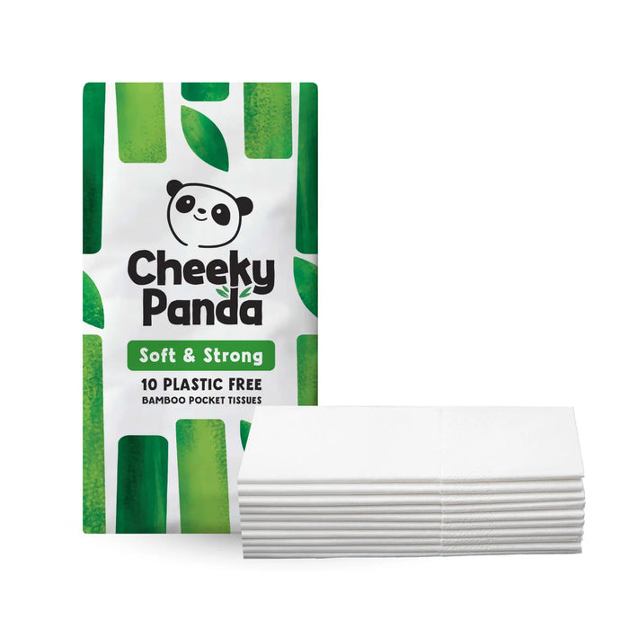 A single packet of Cheeky Panda bamboo pocket tissues next to a stack of ten individual tissues.
