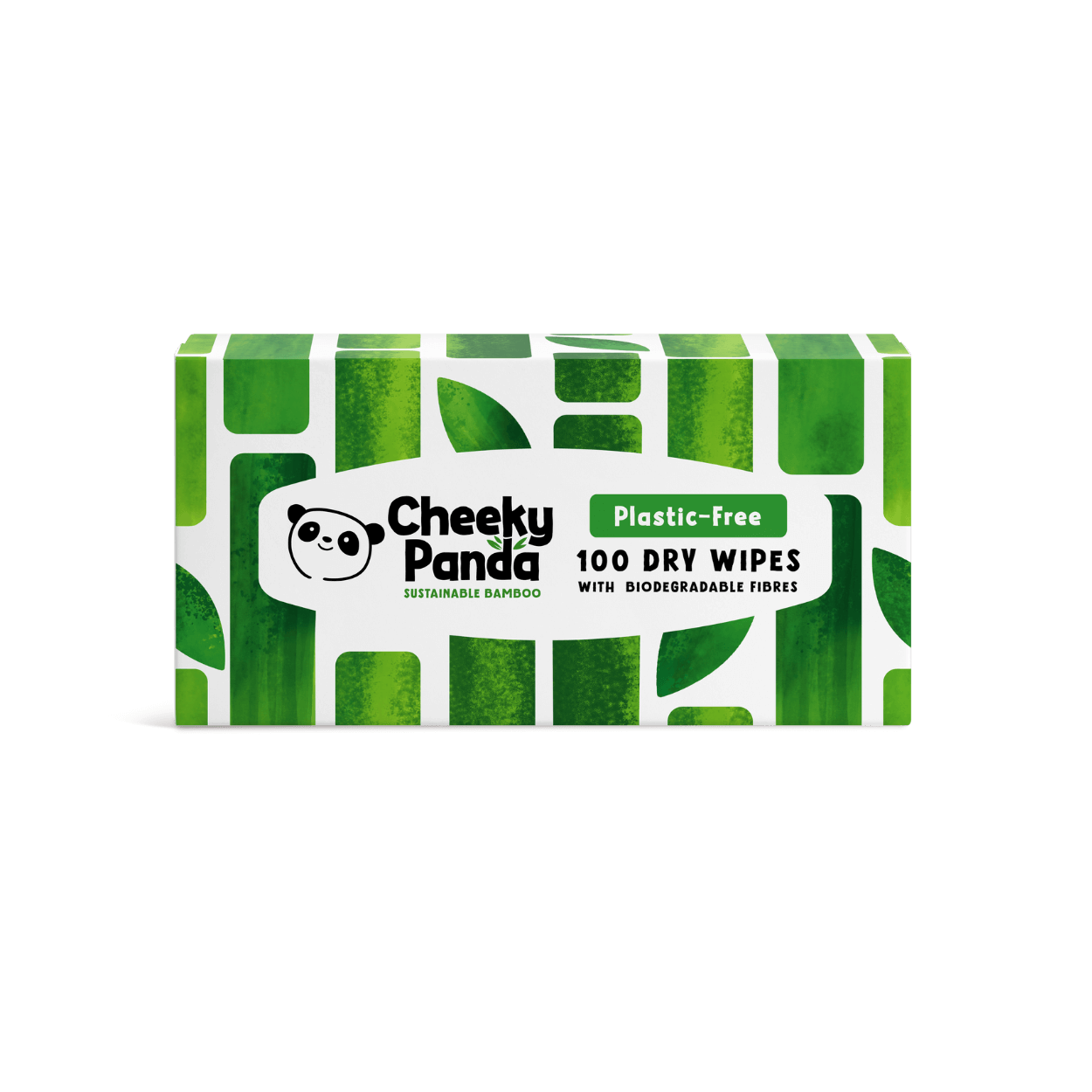 Box of Cheeky Panda dry wipes with green and white design on a black background