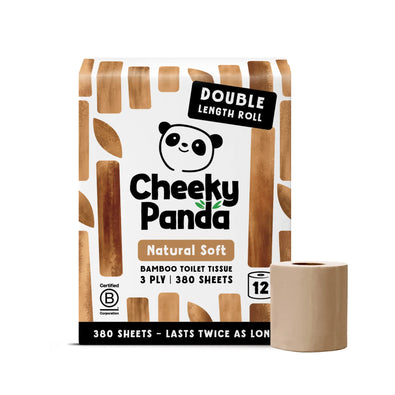A 12-roll pack of Cheeky Panda Natural Soft bamboo toilet tissue with one roll beside it.
