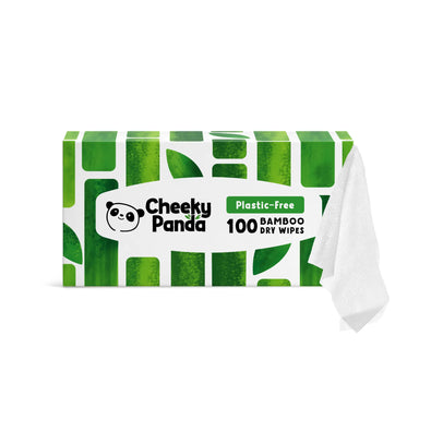 Cheeky Panda plastic-free bamboo dry wipes in green and white packaging.