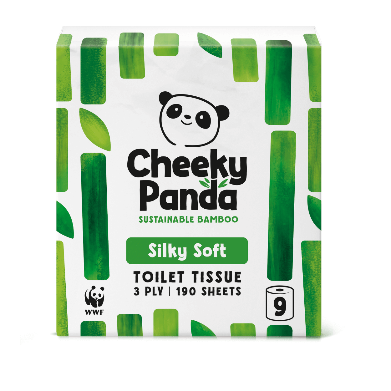 Cheeky Panda sustainable bamboo toilet paper packaging on a black background