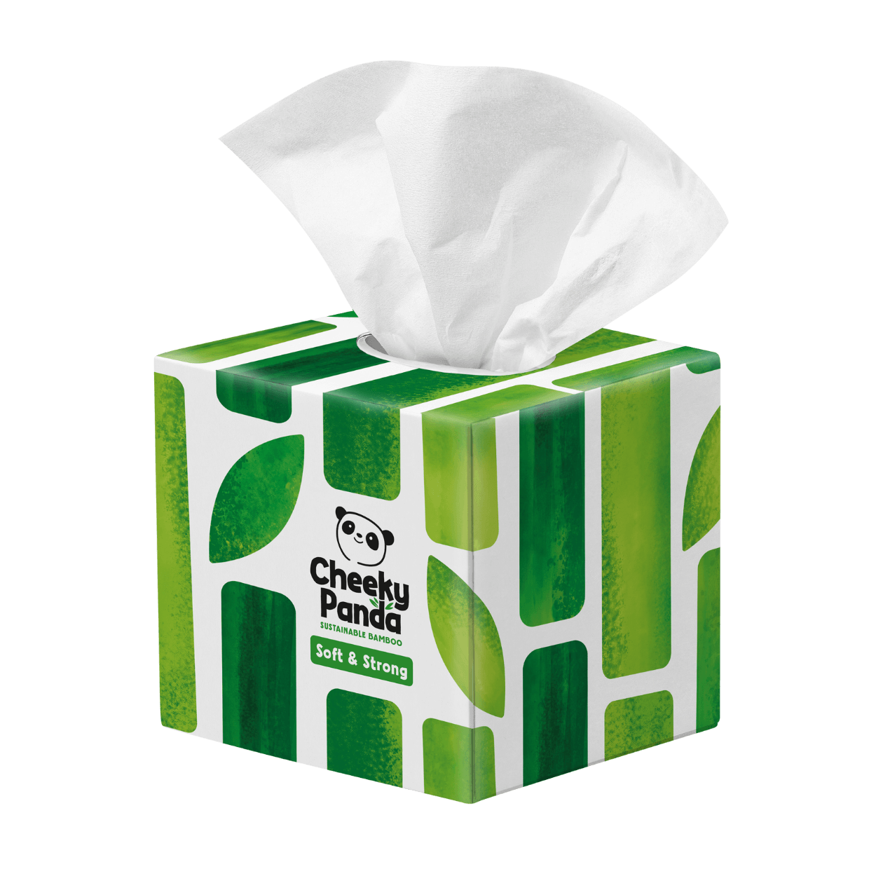 Green and white tissue box with 'Cheeky Panda' branding on a black background