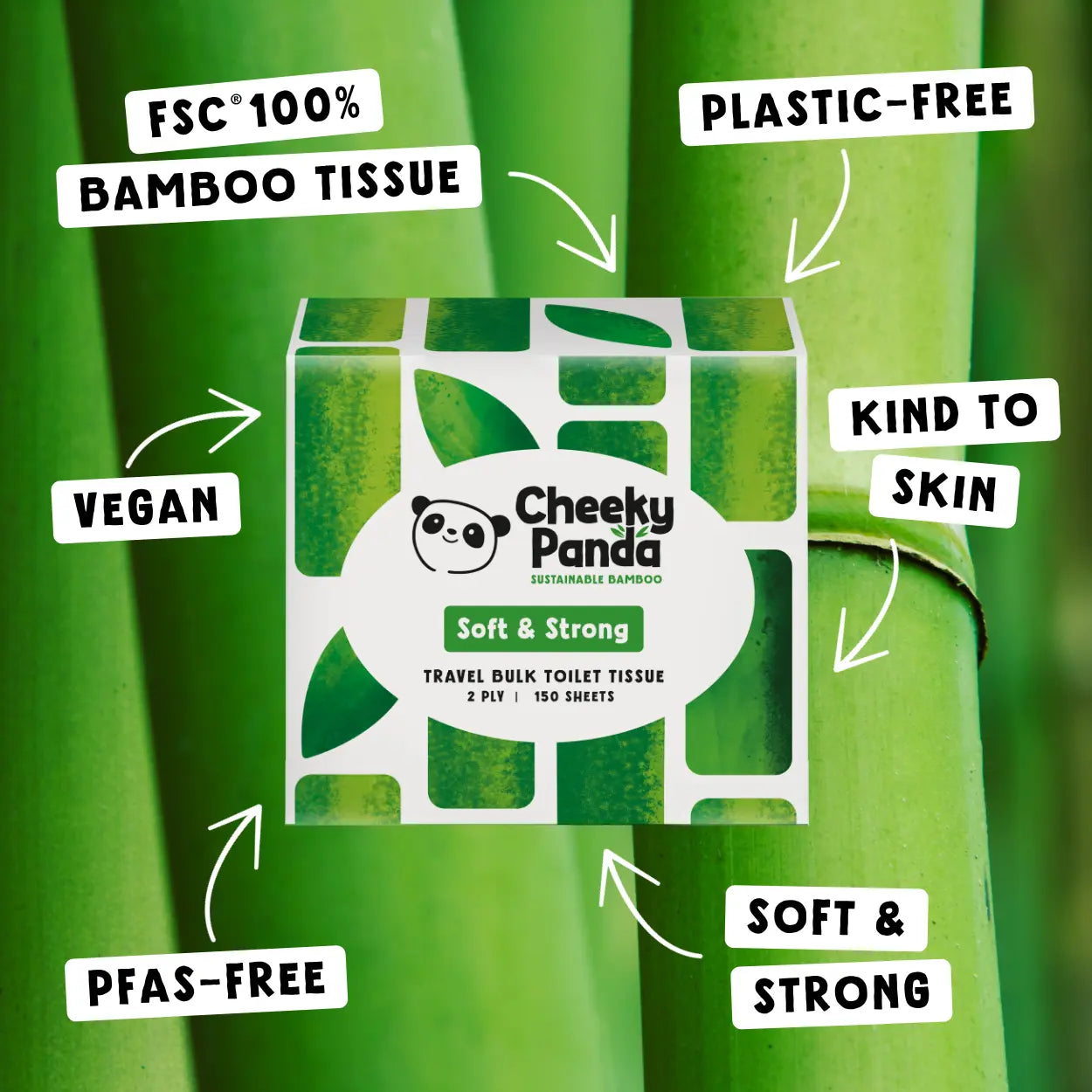 Cheeky Panda tissue on bamboo stalks, highlighting its features.