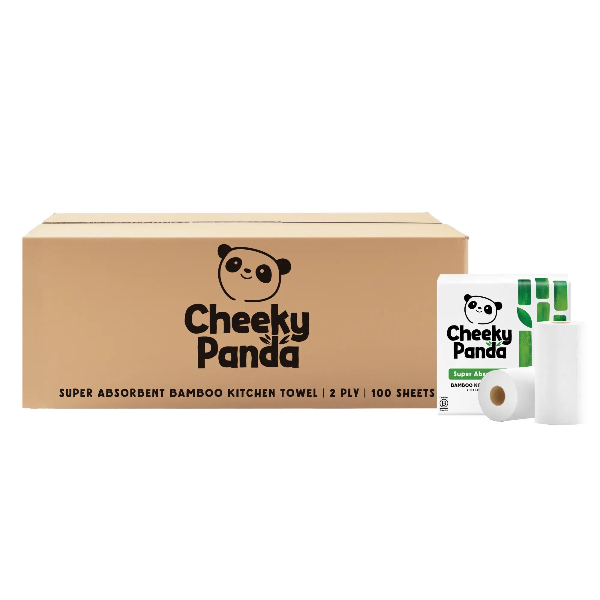 A large cardboard box of Cheeky Panda kitchen towels next to a single pack and two rolls.