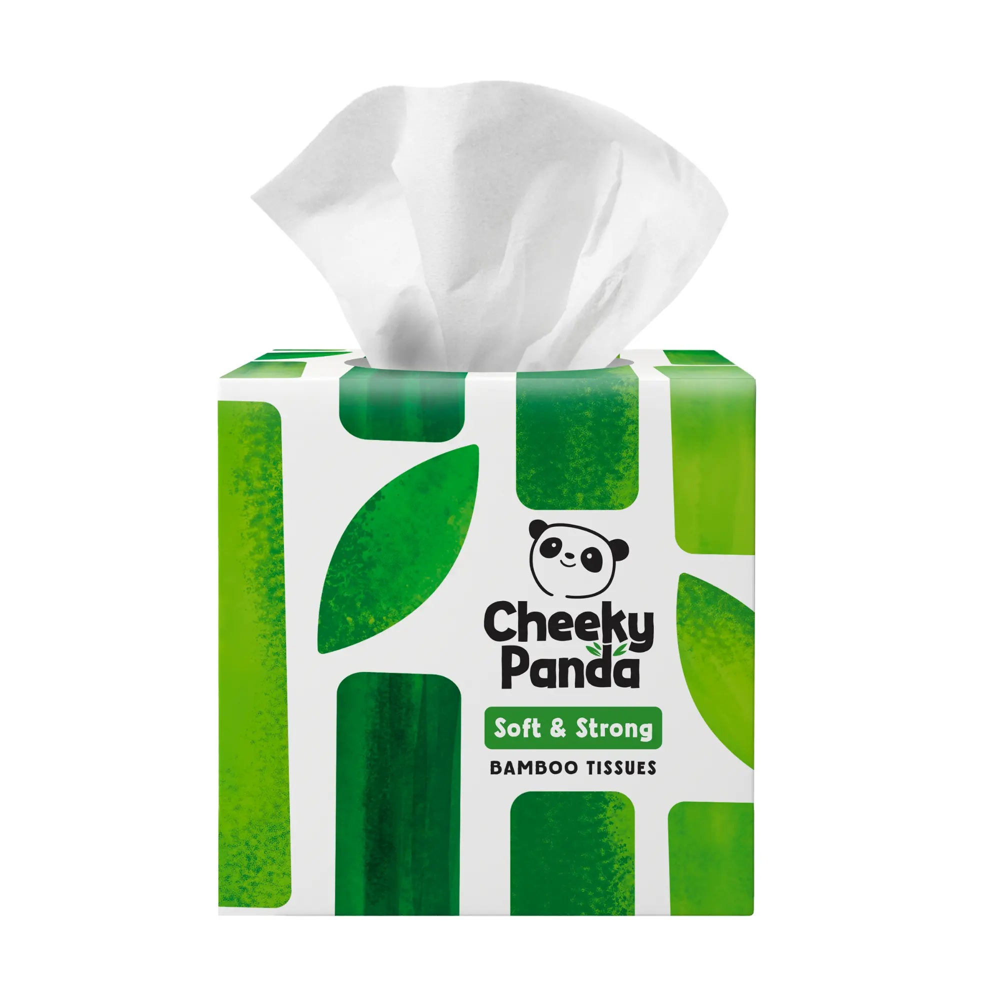 Cheeky Panda cube tissue box with a tissue pulled out.