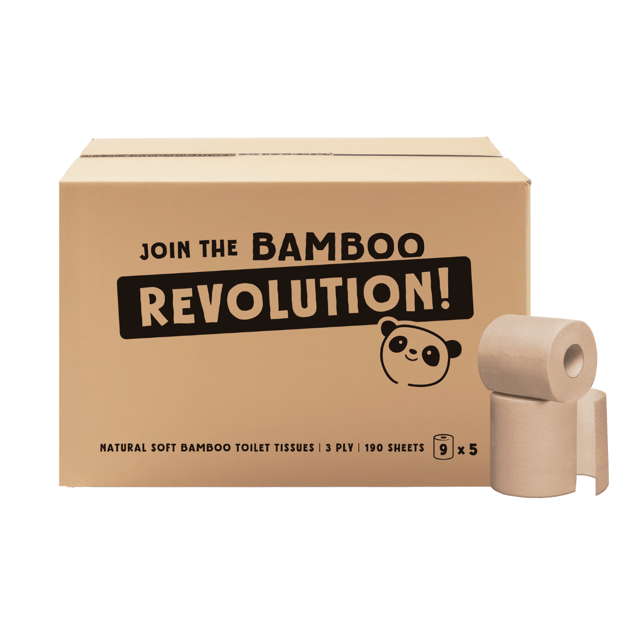 Box of bamboo toilet tissues with a Cheeky Panda unbleached toilet roll on a black background