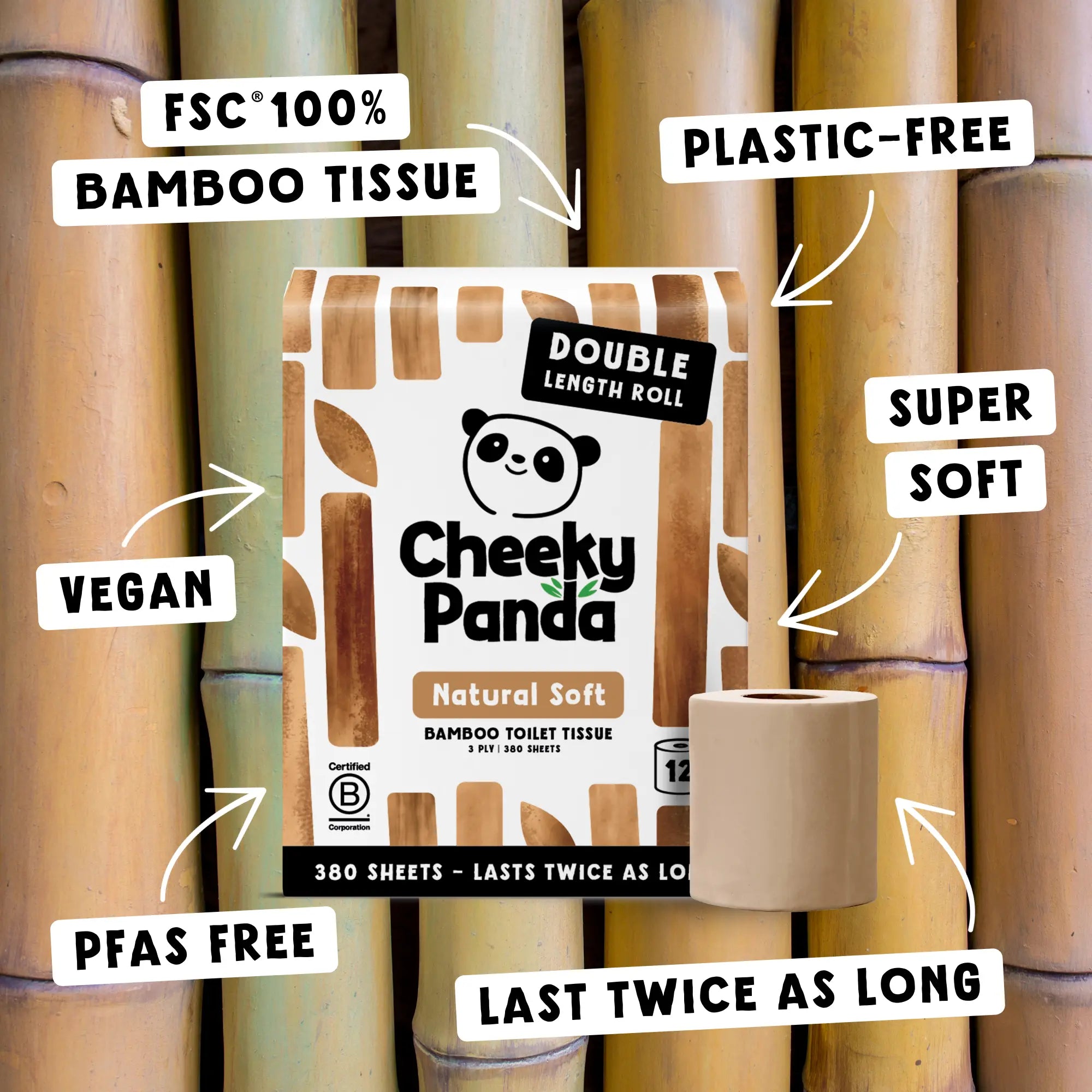 A pack of Cheeky Panda toilet tissue surrounded by text highlighting its features like 'FSC 100% Bamboo Tissue'.