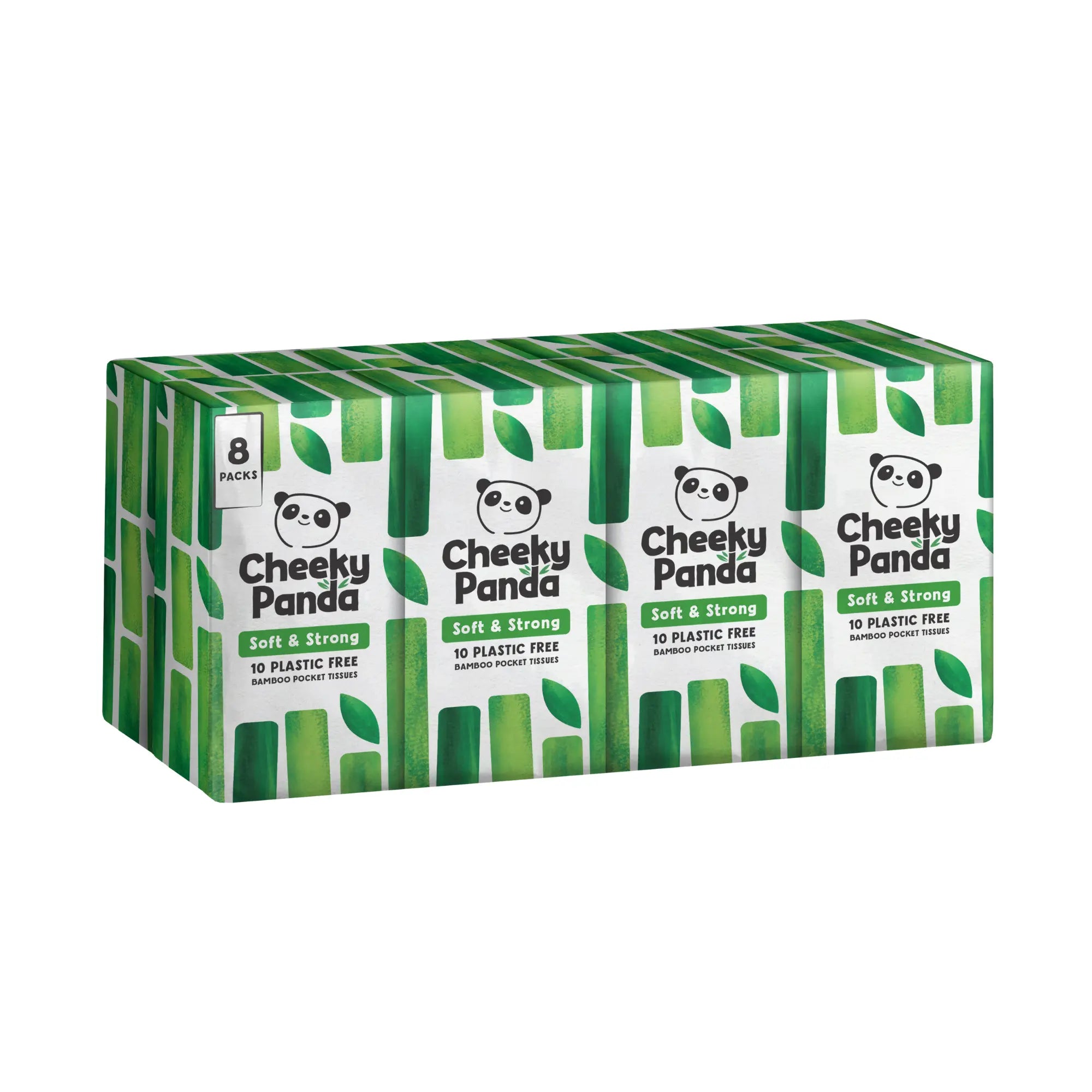 An 8-pack of Cheeky Panda bamboo pocket tissues, showing four packets on the front.