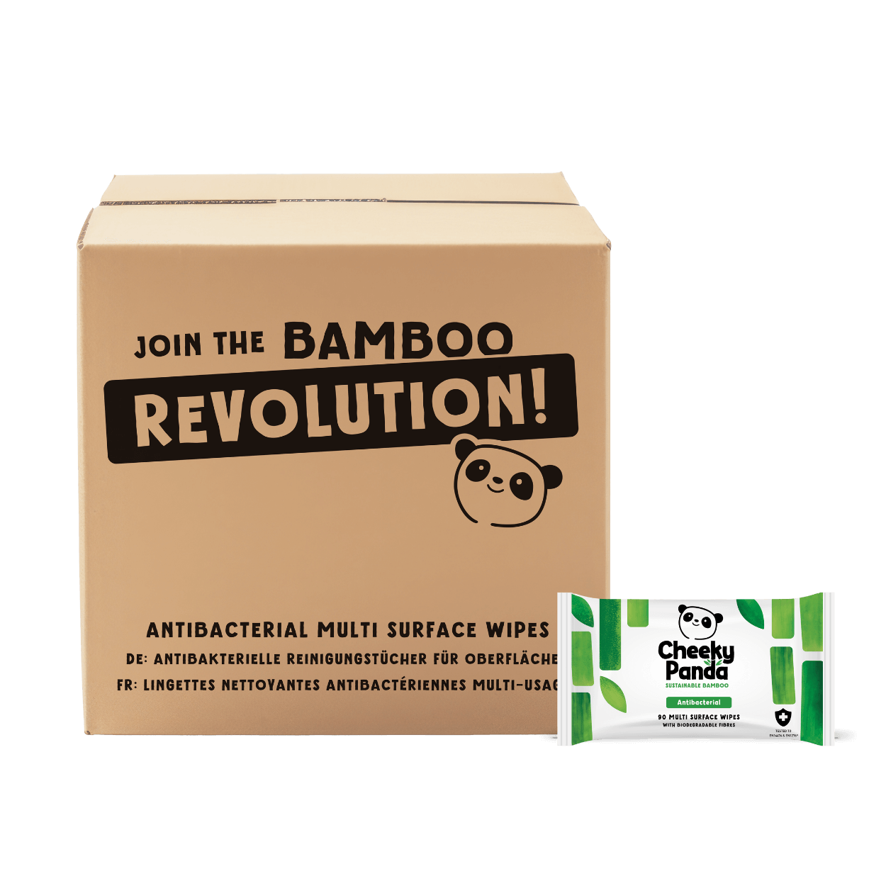 Box of antibacterial multi-surface wipes with 'Join the Bamboo Revolution!' text and a small package of Cheeky Panda wipes on a black background.