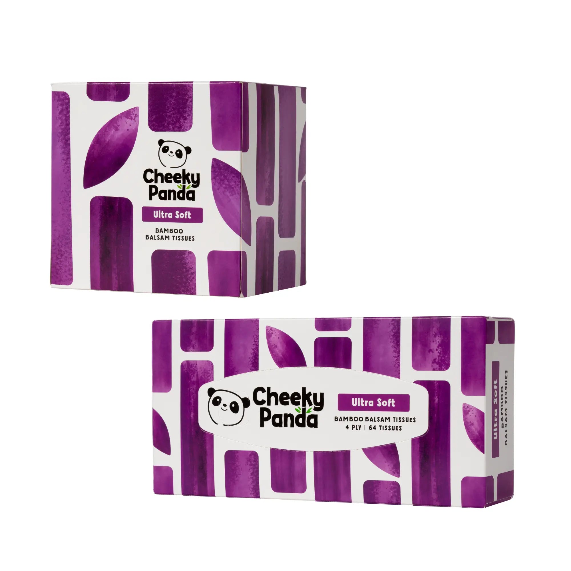 Two boxes of Cheeky Panda Ultra Soft Bamboo Balm Tissues, one upright and one lying flat.