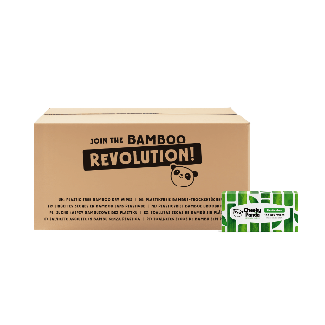 Cardboard box with 'Join the Bamboo Revolution!' text and a Cheeky Panda dry wipes box on a black background.
