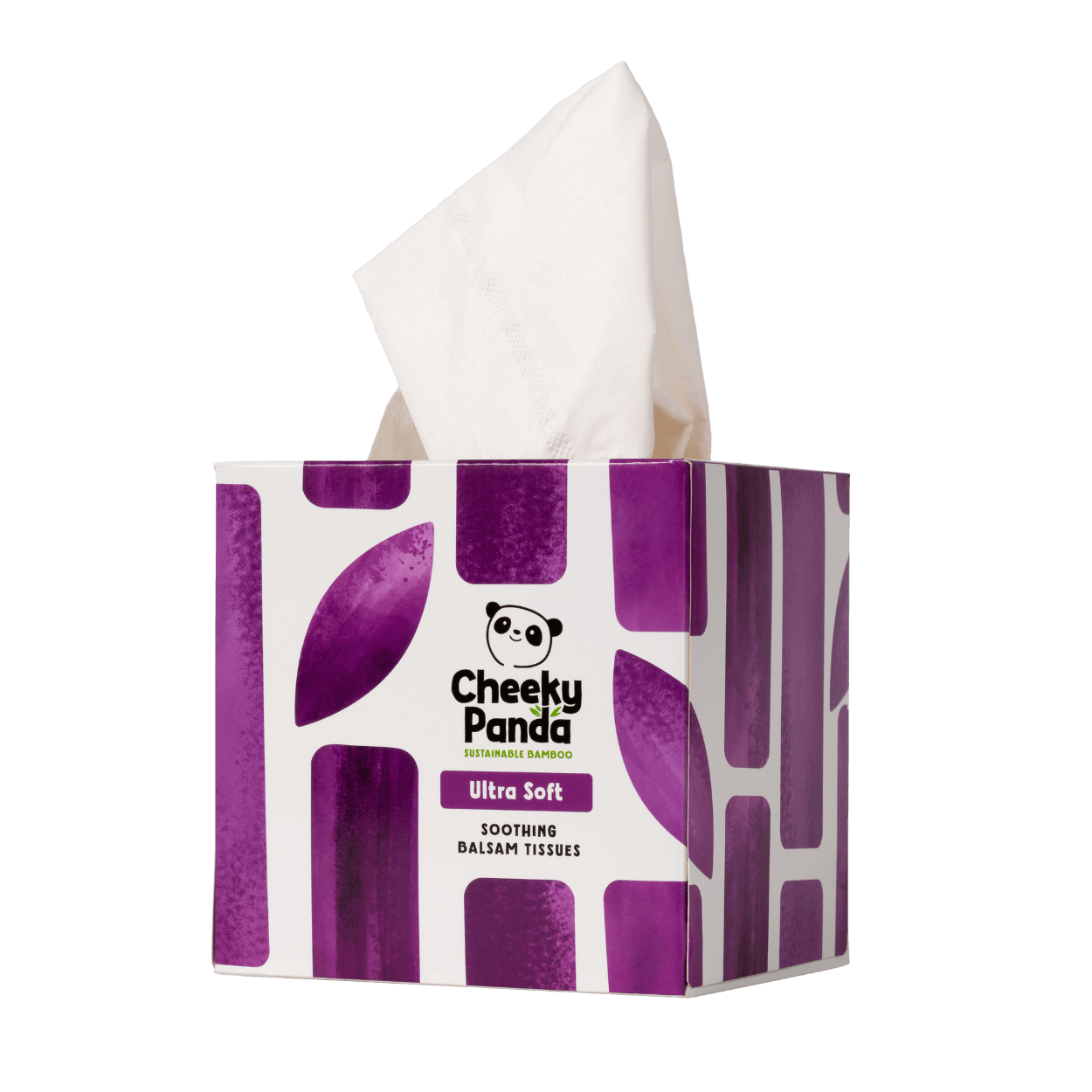 Tissue box with white tissues and purple and white patterned box labeled 'Cheeky Panda'.