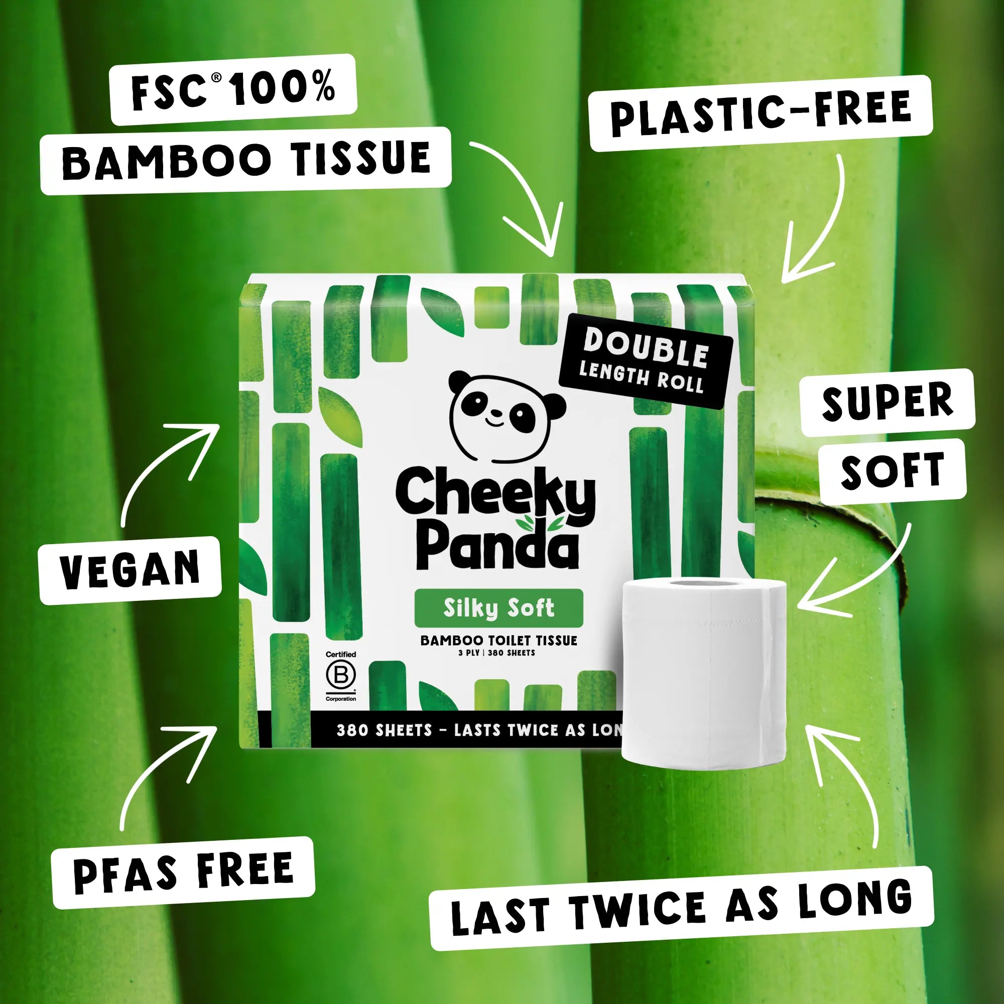 Cheeky Panda Silky Soft bamboo toilet tissue pack and roll, highlighting FSC 100% bamboo, plastic-free, vegan, PFAS-free, super soft, and lasts twice as long.