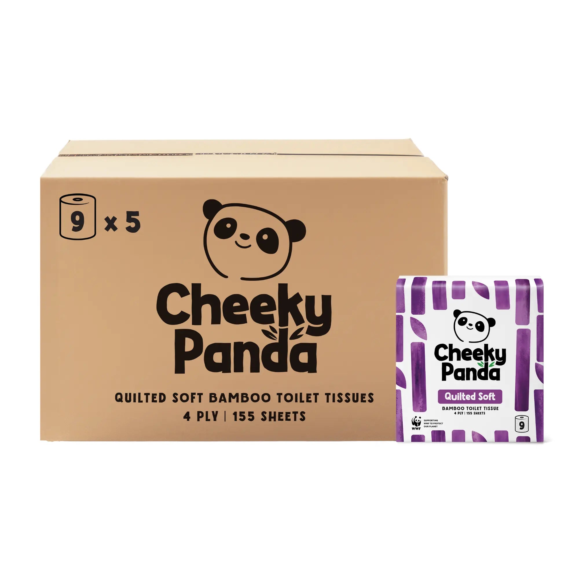 Cheeky Panda Quilted Soft bamboo toilet tissue 5x9-roll box with one pack outside.