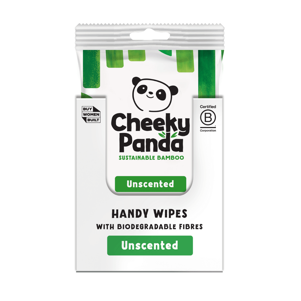 Pack of Cheeky Panda sustainable bamboo handy wipes on a white background