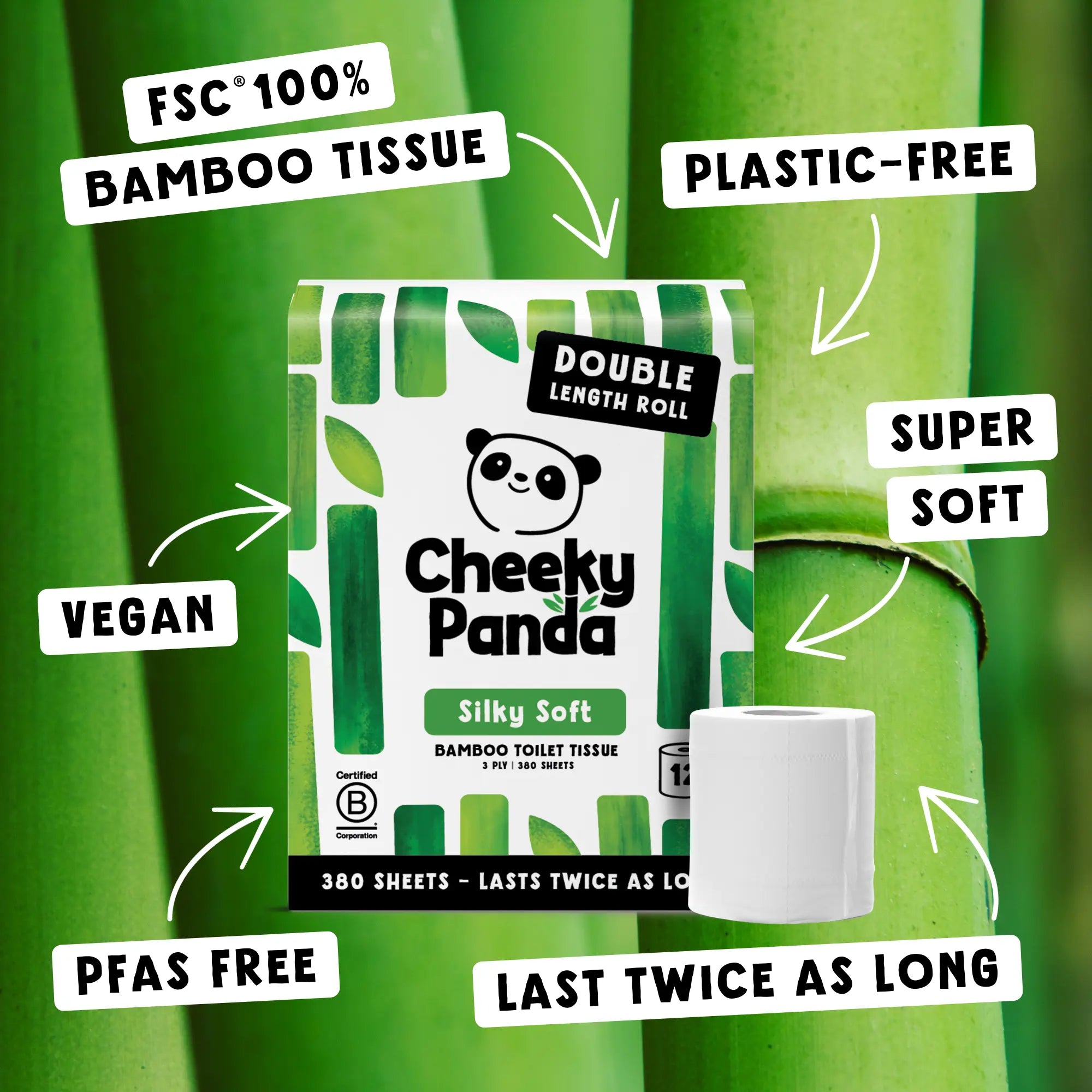 Cheeky Panda Silky Soft bamboo toilet tissue pack and roll, highlighting vegan, PFAS-free, plastic-free, super soft, and lasts twice as long.