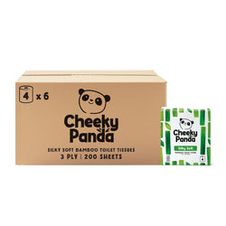Cheeky Panda bamboo toilet tissues, a large box of 6 packs of 4 rolls, and a single pack of 4 rolls.