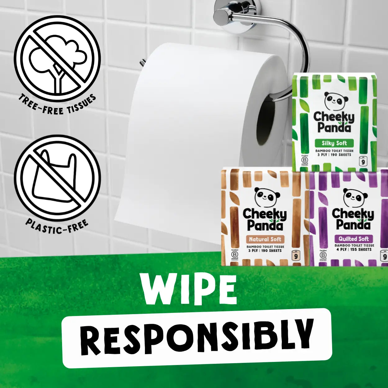 Three rolls of Cheeky Panda reusable wipe cloths shown on a bathroom-style tiled wall with a chrome holder, alongside promotional callouts for tree-free tissues and plastic-free packaging. A green lower banner reads 'WIPE RESPONSIBLY.