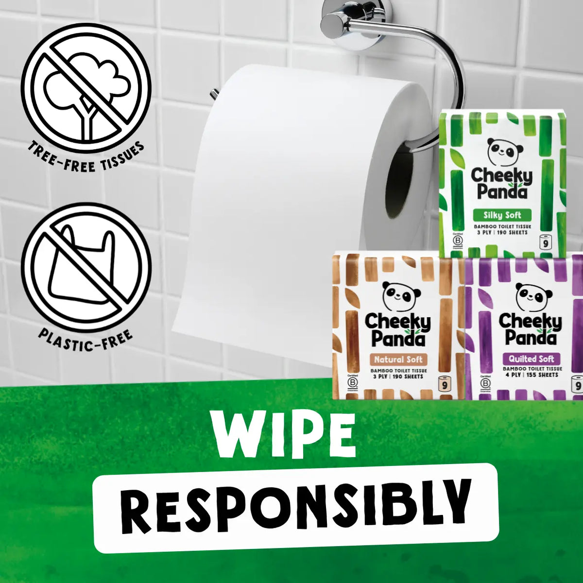 Three rolls of Cheeky Panda reusable wipe cloths shown on a bathroom-style tiled wall with a chrome holder, alongside promotional callouts for tree-free tissues and plastic-free packaging. A green lower banner reads 'WIPE RESPONSIBLY.
