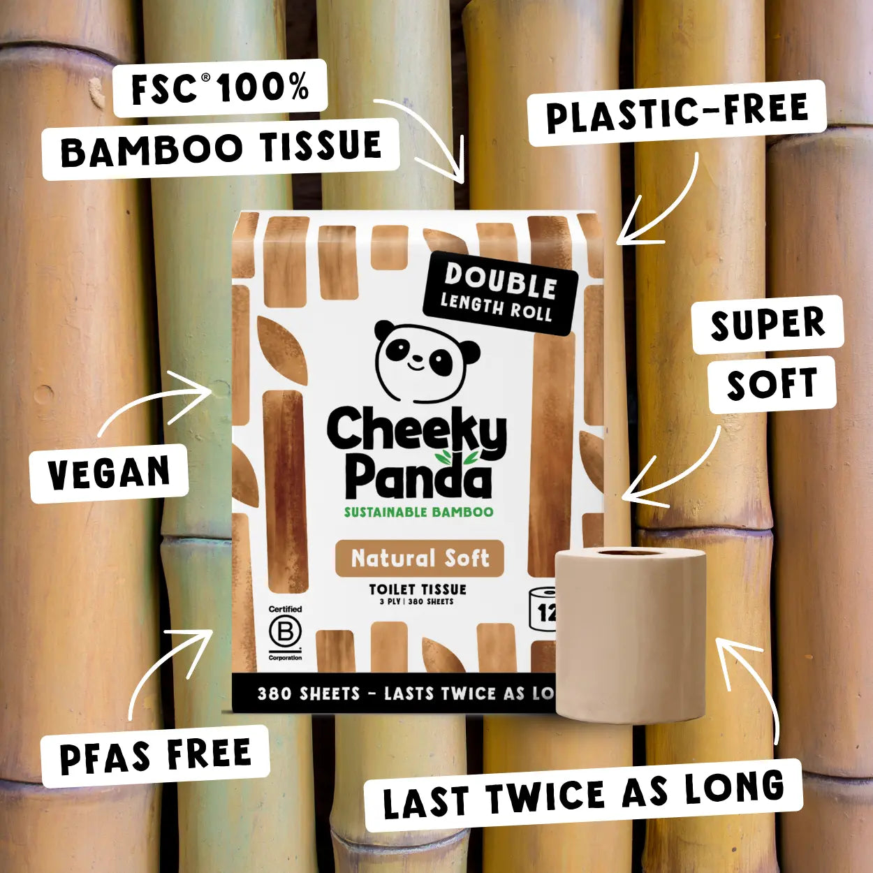 Cheeky Panda's FSC 100% bamboo toilet tissue, plastic-free, vegan, super soft, and PFAS-free.