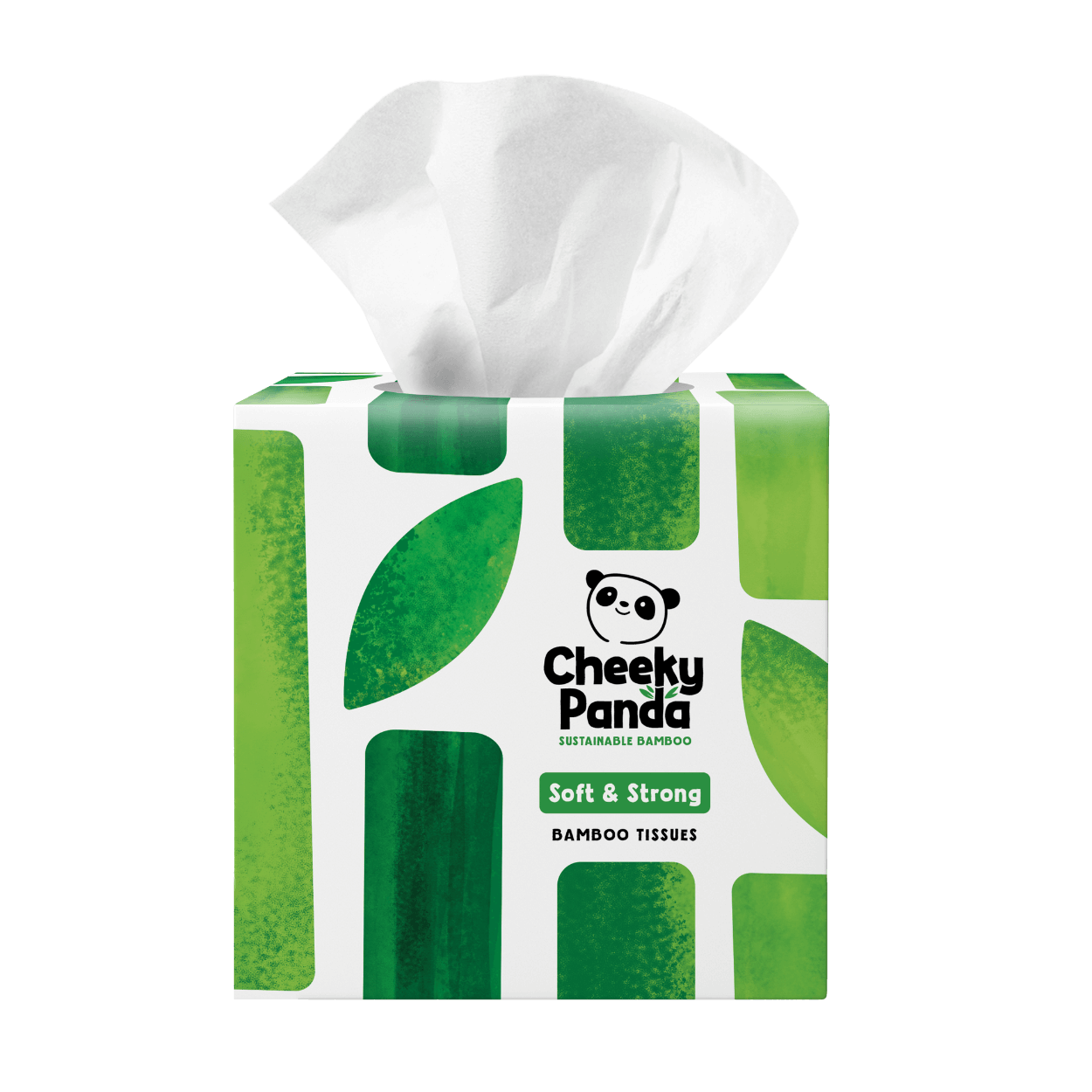 Box of Cheeky Panda bamboo tissues with green leaf design on a black background
